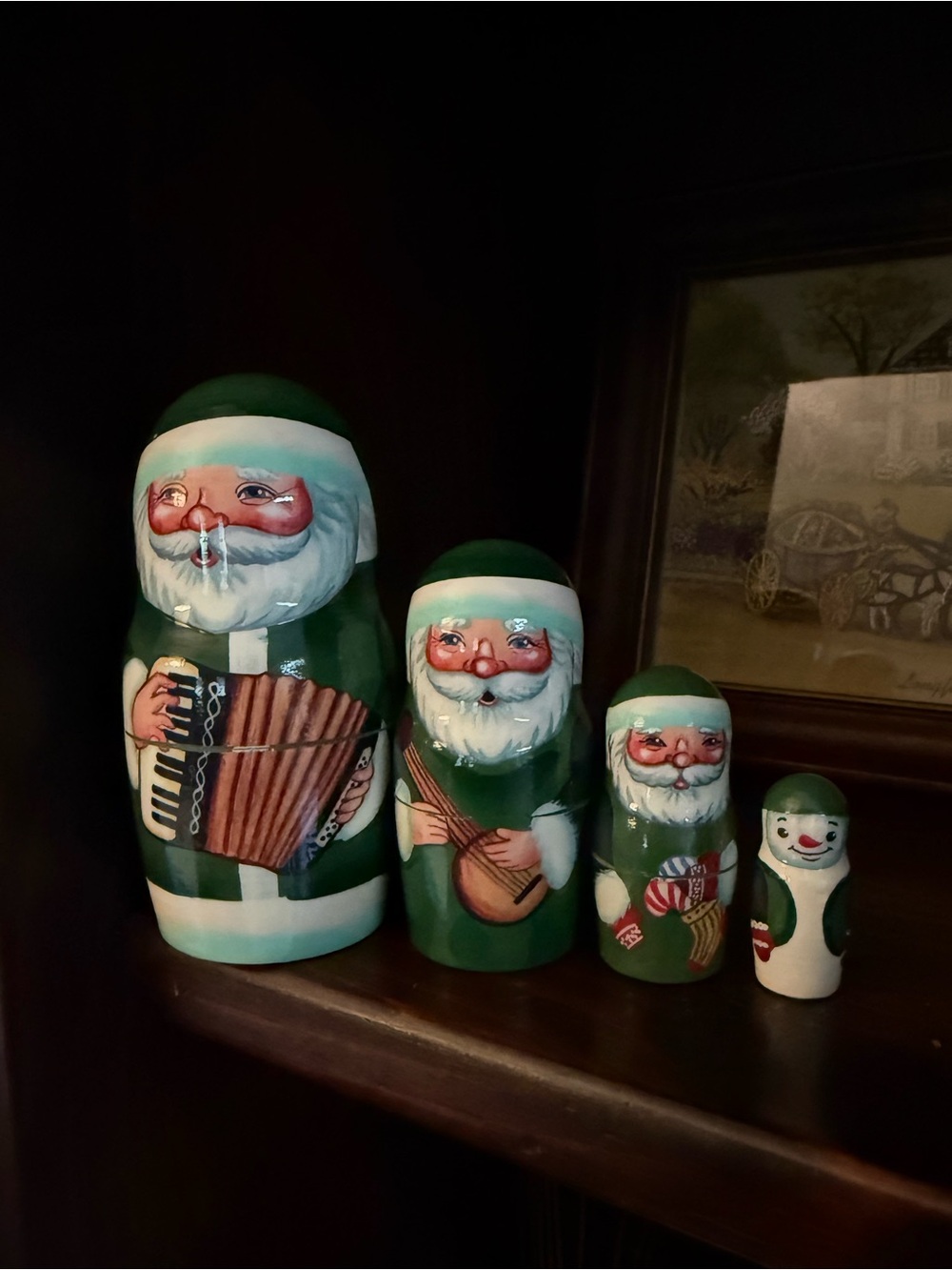 Golden Cockerel Irish Santa Nesting Doll is a 4 piece set. Made in Russia